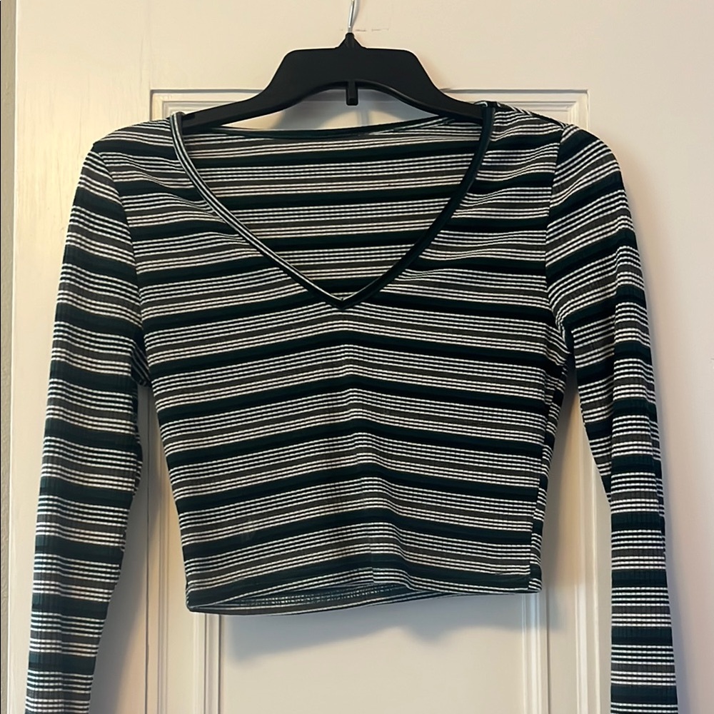 Green and White Striped V-Neck Women's Top